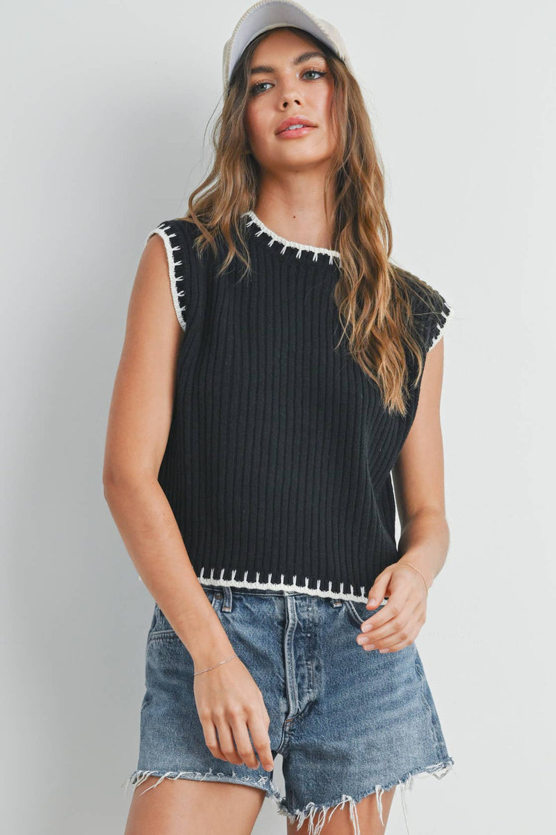 Solid Cap Sleeve Sweater Vest in Ivory and Black