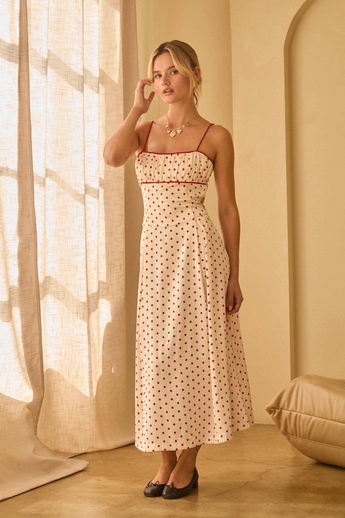 Sleeveless Polka Dot Midi Dress with Contrast Piping