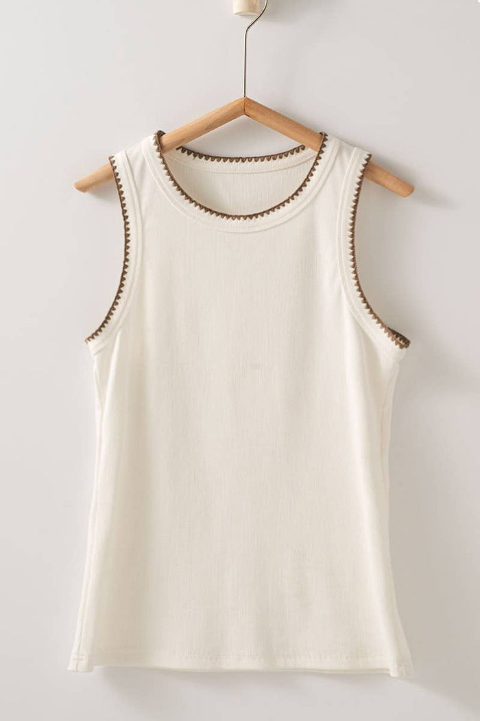 Knit Tank Top With Embroidered Neckline in Ivory