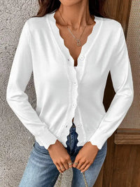 Lightweight Scalloped Edge V-Neck Knit Cardigan: White