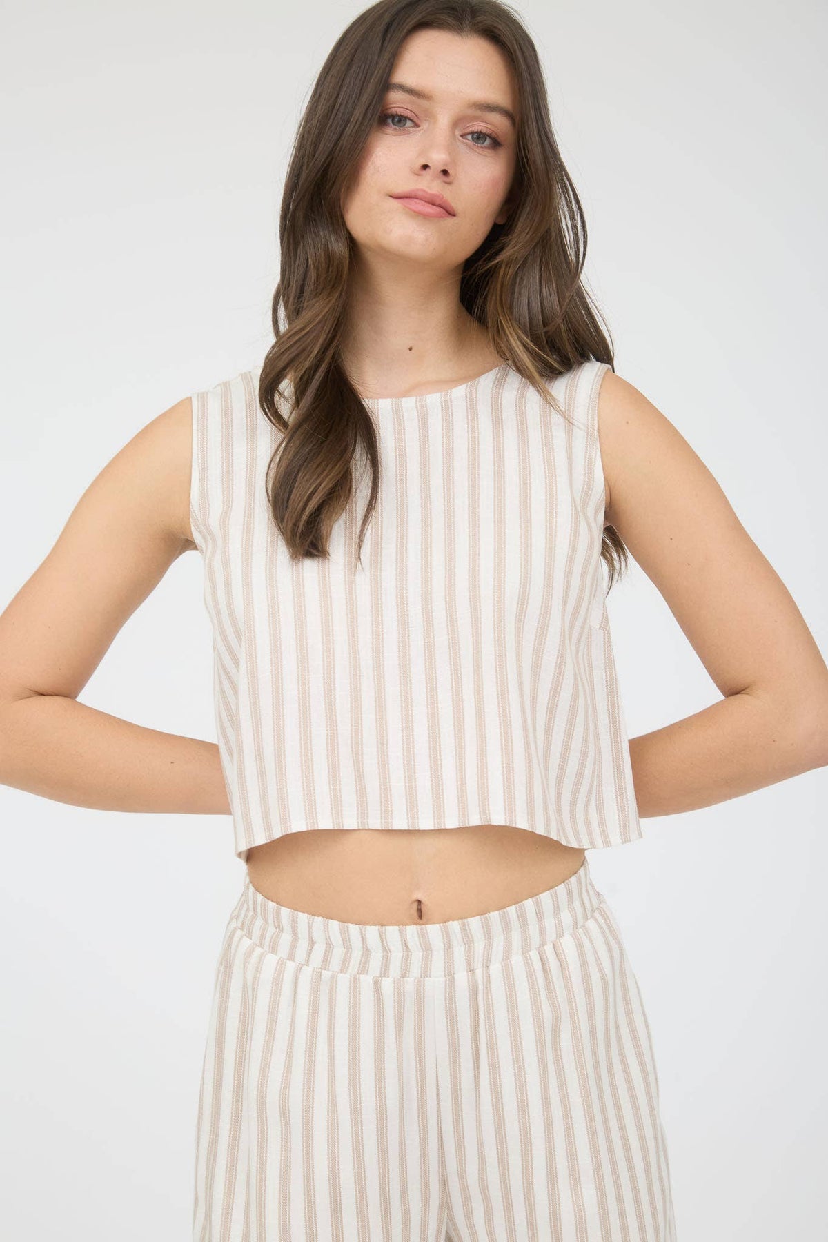 Stripe Linen Back Tie Detail Sleeveless Top in Khaki