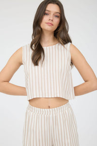 Stripe Linen Back Tie Detail Sleeveless Top in Khaki