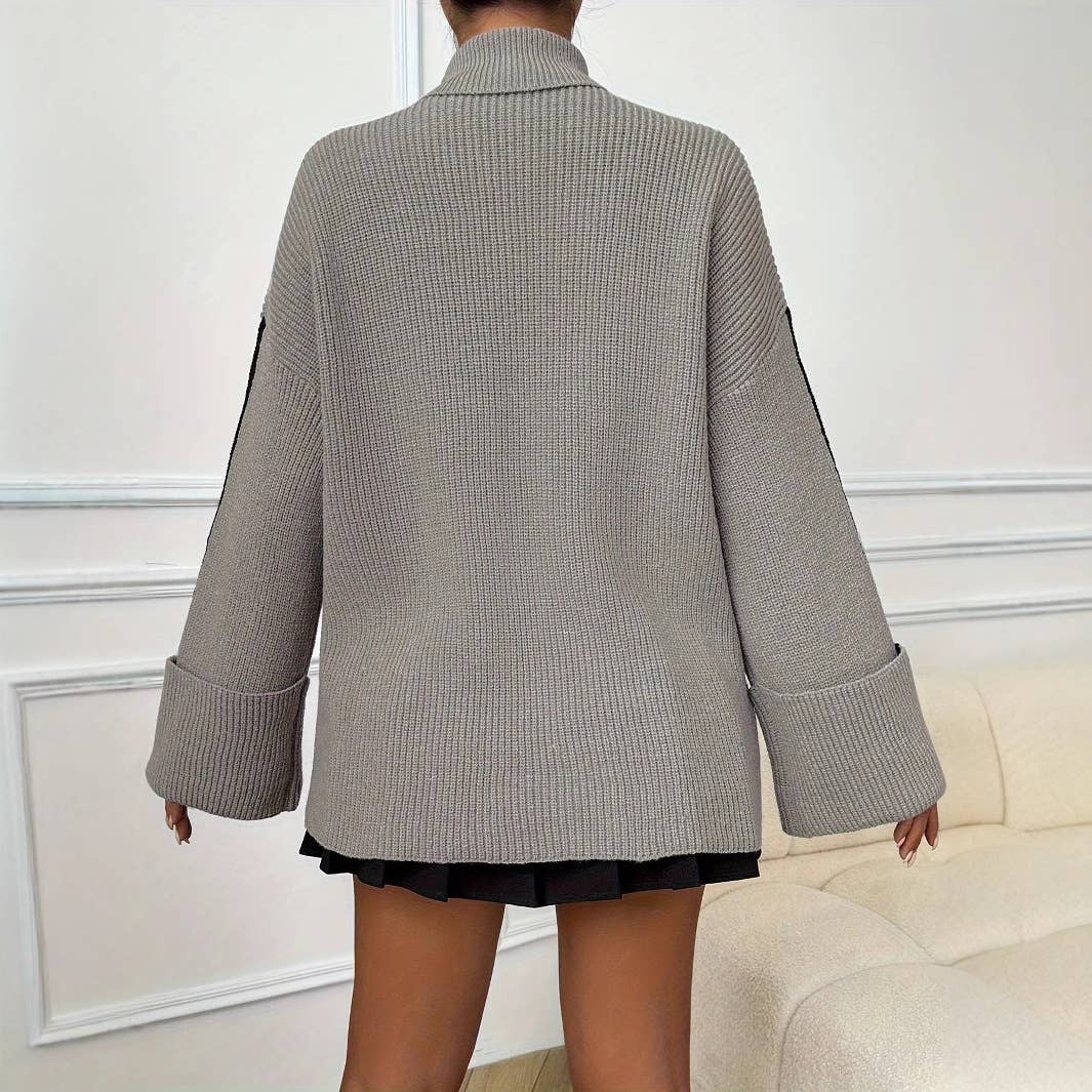 Pile Sleeve Casual High Neck Knit Sweater in GREY