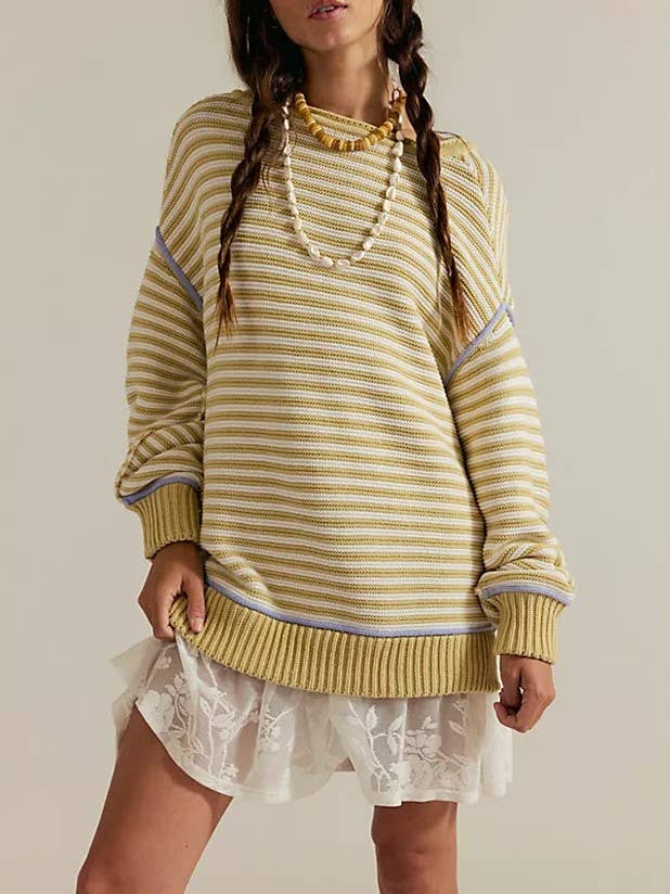 * Drop Shoulder Oversized Knit Sweater Pullover in Beige Stripe