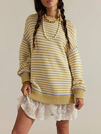* Drop Shoulder Oversized Knit Sweater Pullover in Beige Stripe