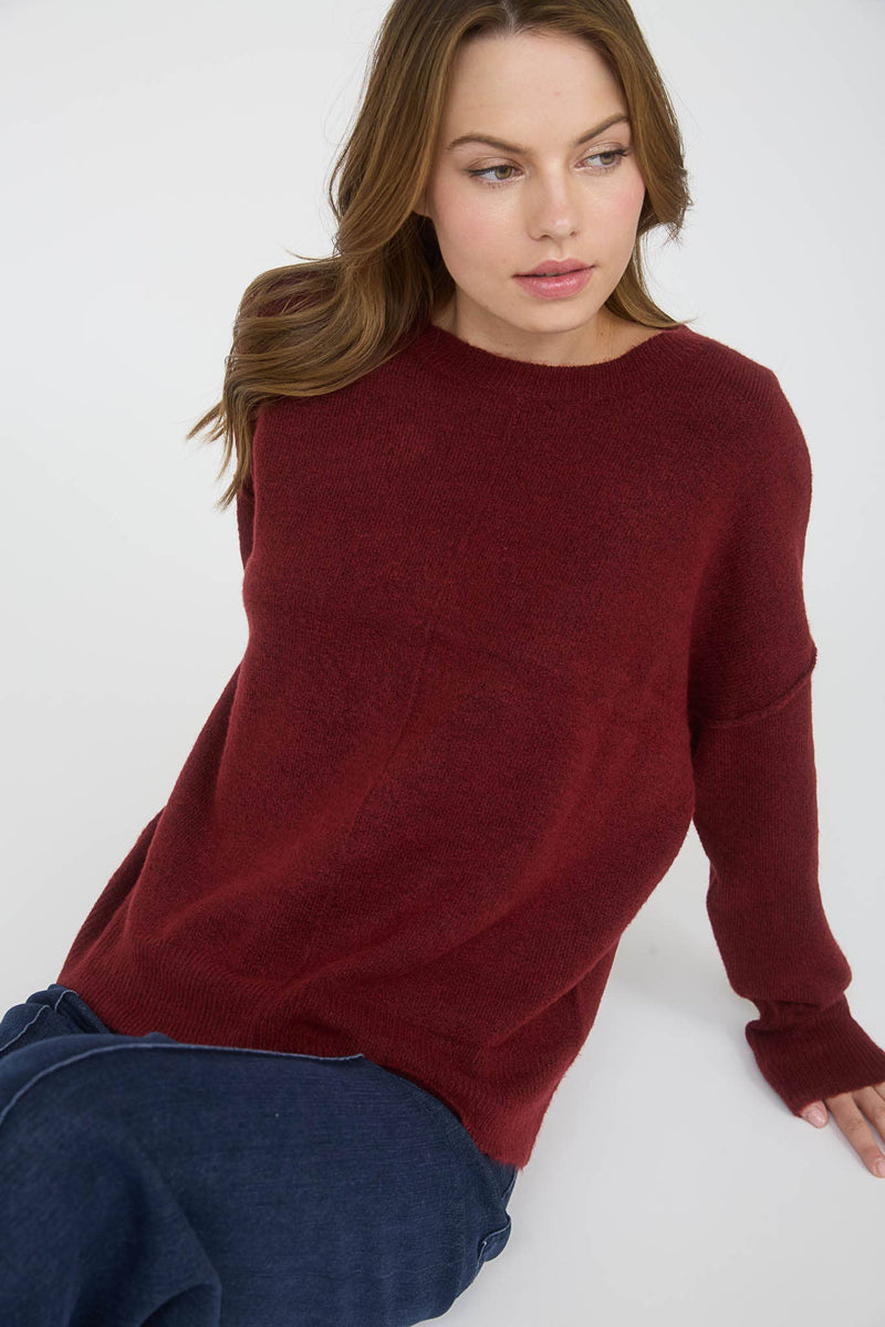 Knit Sweater with Front Seam Detail in Burgundy