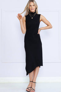 Solid High Neck Sleeveless Dress in Black