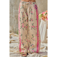FLOWER PRINTED TWILL SIDE TRIM ELASTIC WAIST PANTS