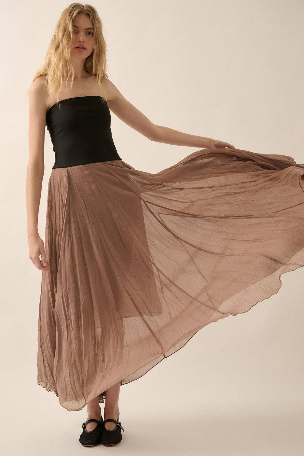 Strapless Textured Chiffon Maxi Dress in Taupe