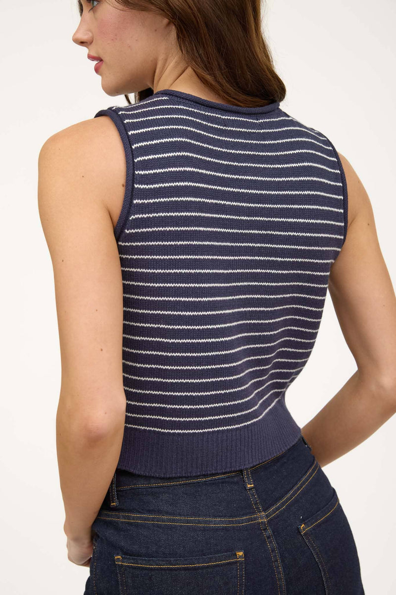 Striped Raw Edge Button-Down Cardigan Vest in Navy