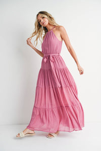 Tiered Halter Tie-Waist Maxi Dress in Rose