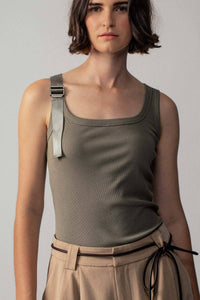 Ribbed Knit Tank Top with Buckle Strap in Olive