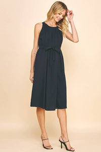 Sleeveless Pleated Midi Dress in Ink