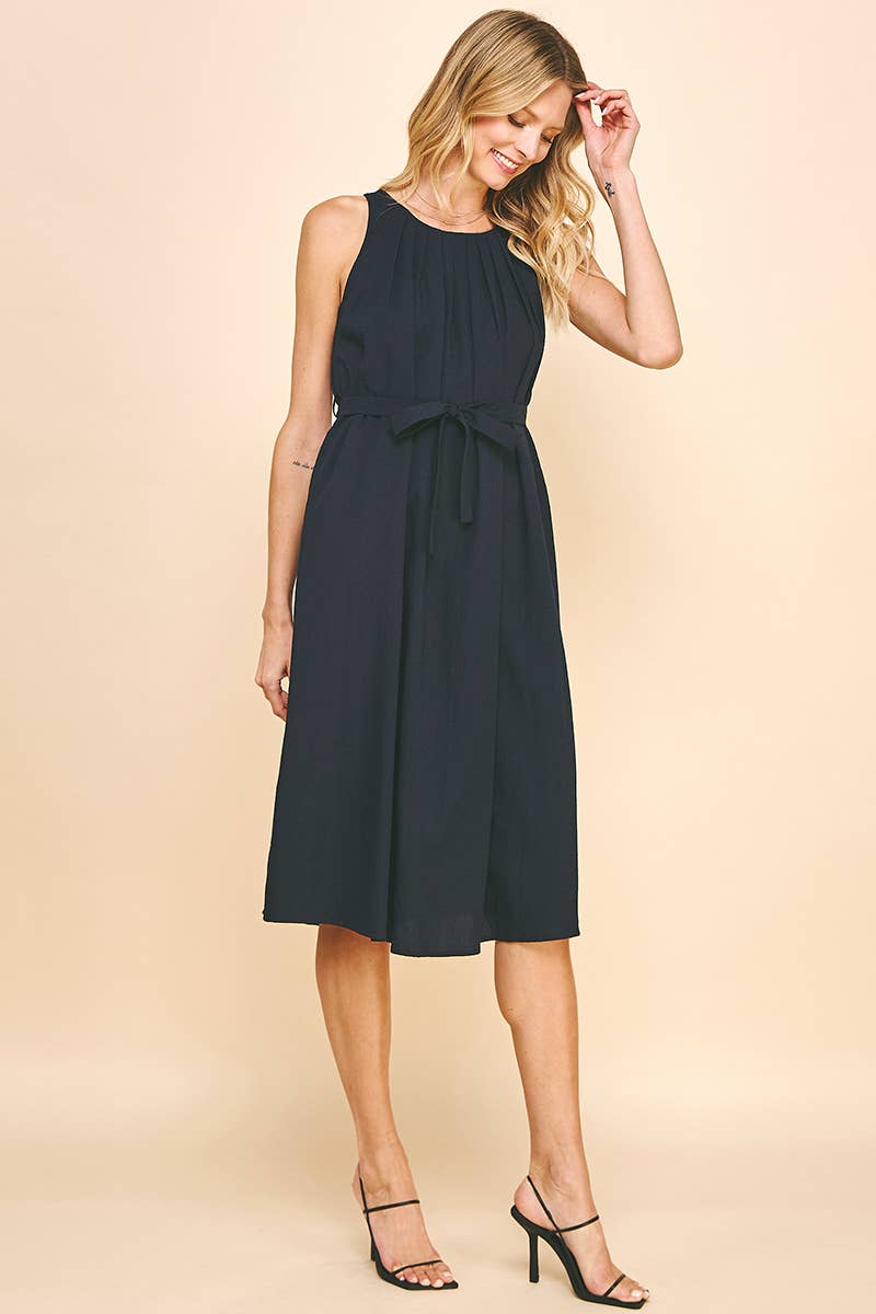 Sleeveless Pleated Midi Dress in Ink