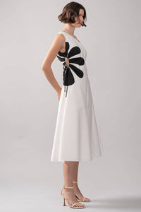 Floral Applique One Shoulder Midi Dress in White