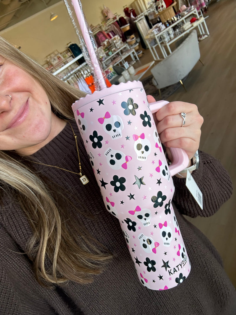 Skull Flower Bow Tumbler Cup in Light Pink