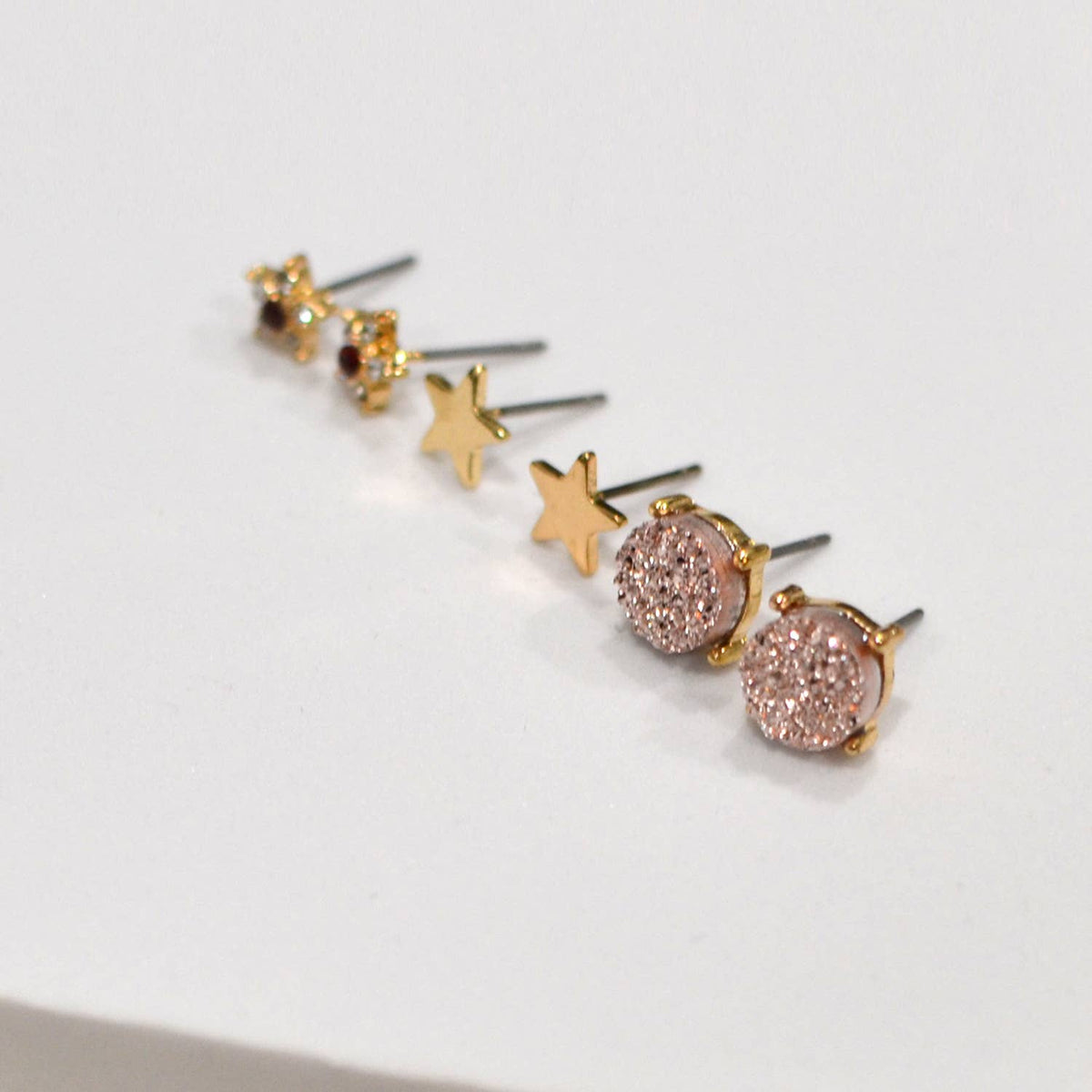 3 Pairs Small Stud Star with Stone/Metal Star/Druzy Earrings: Pink