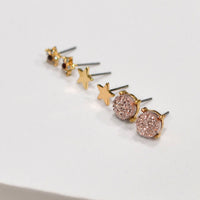 3 Pairs Small Stud Star with Stone/Metal Star/Druzy Earrings: Rose Gold