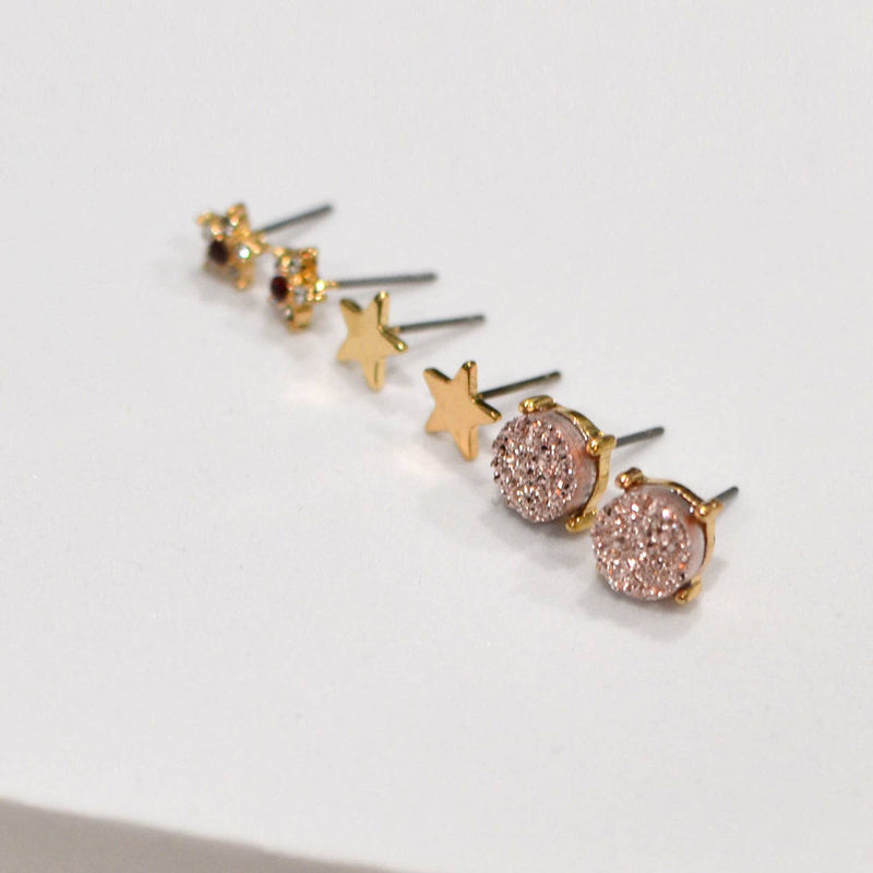 3 Pairs Small Stud Star with Stone/Metal Star/Druzy Earrings: Rose Gold