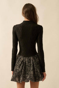Sheer Lace Drop-Waist Bubble Mini Dress in Black