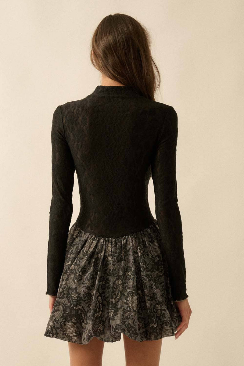 Sheer Lace Drop-Waist Bubble Mini Dress in Black