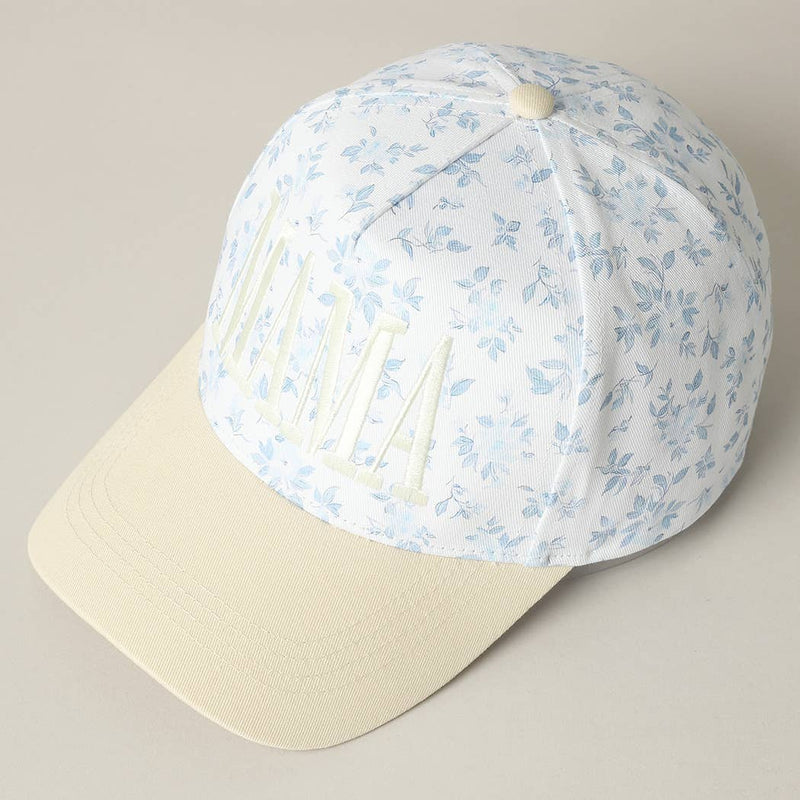Mama Embroidered Floral Trucker Hat in White/Beige