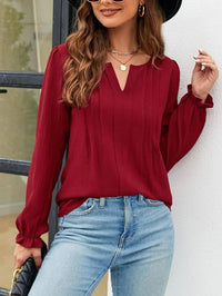 Long Sleeved Striped Chiffon V-Neck Top in Red