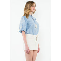 Embroidered Puff Sleeve Striped Top in Blue