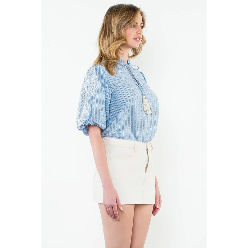 Embroidered Puff Sleeve Striped Top in Blue
