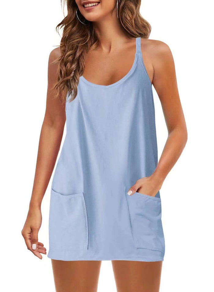 Sleeveless Tennis Mini Dress with Built in Romper Lining in Blue