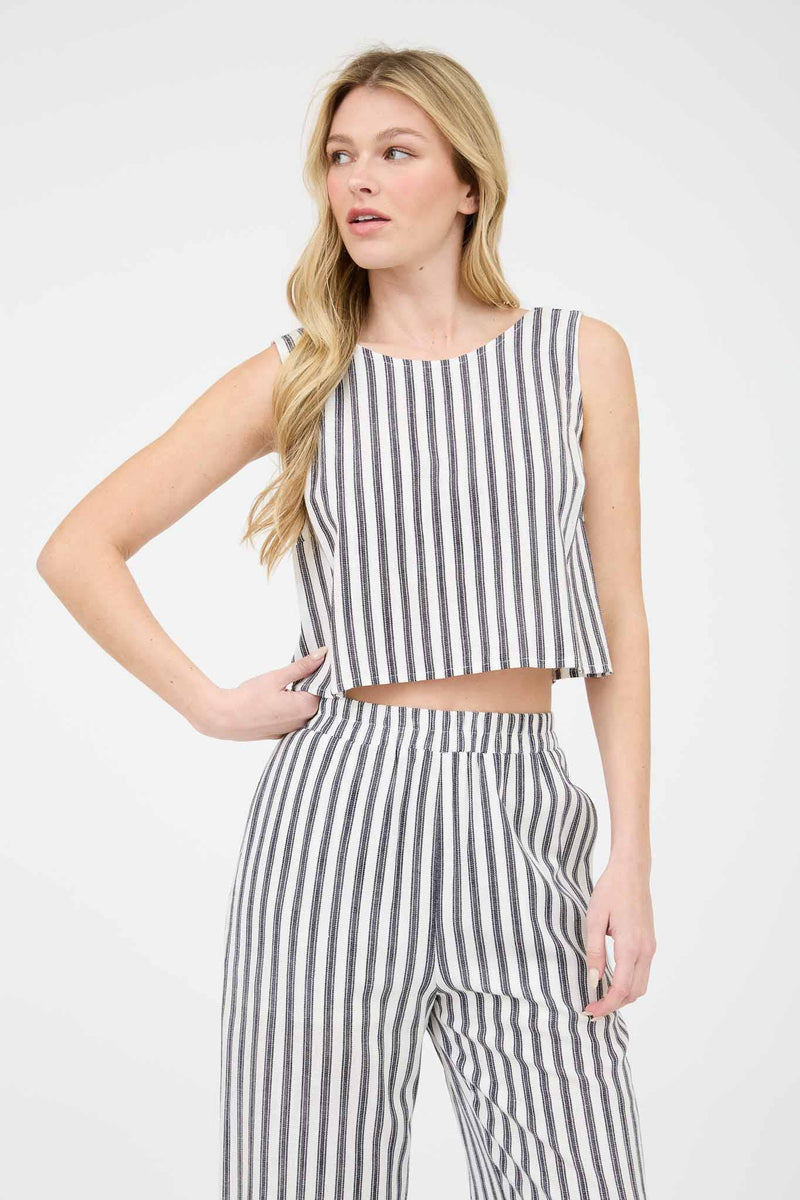 Stripe Linen Back Tie Detail Sleeveless Top in Khaki