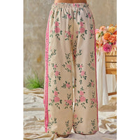 FLOWER PRINTED TWILL SIDE TRIM ELASTIC WAIST PANTS
