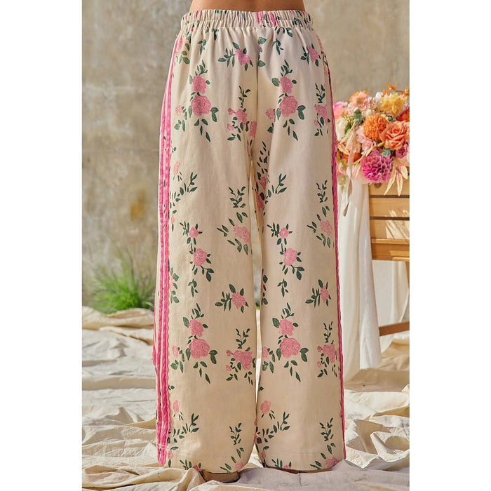 FLOWER PRINTED TWILL SIDE TRIM ELASTIC WAIST PANTS