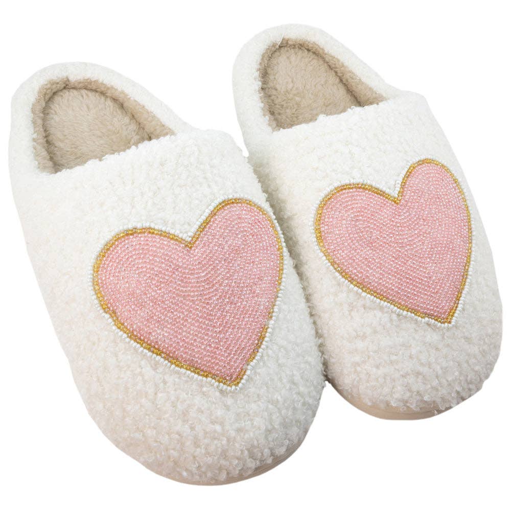Beaded Pink & Gold Heart Slippers: White