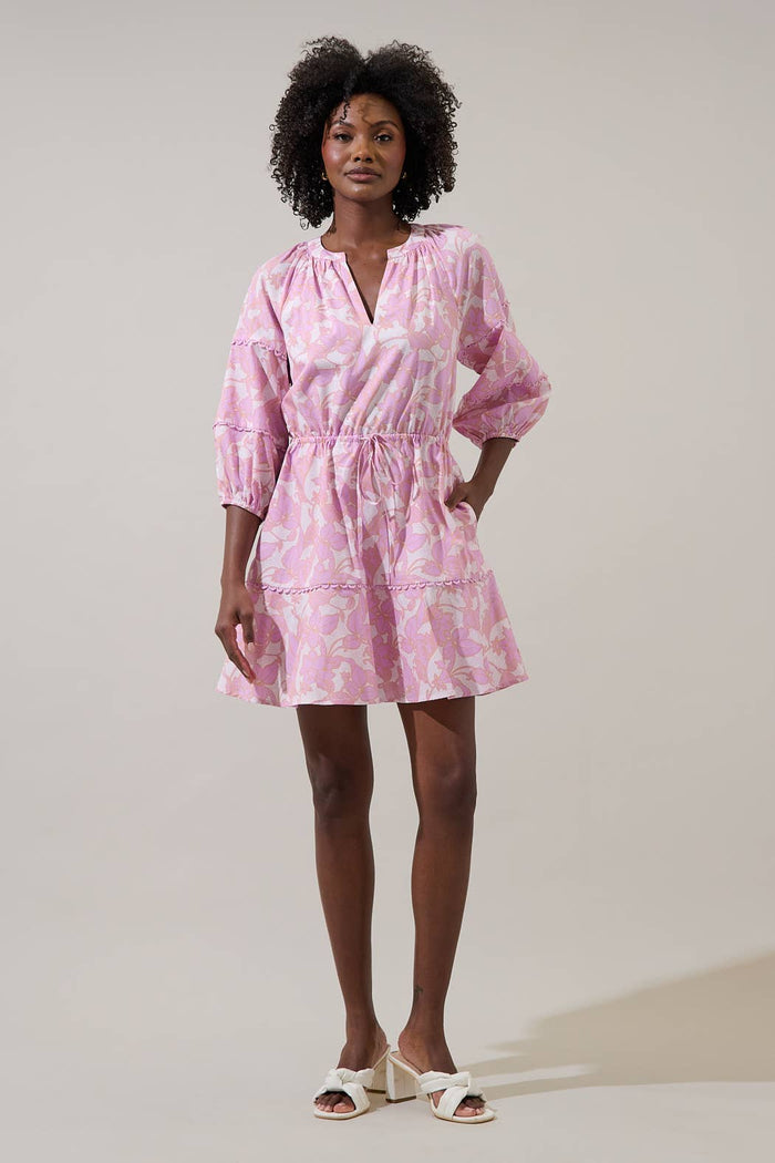 Daney Floral Dabria Split Neck Mini Dress: PINK-CREAM