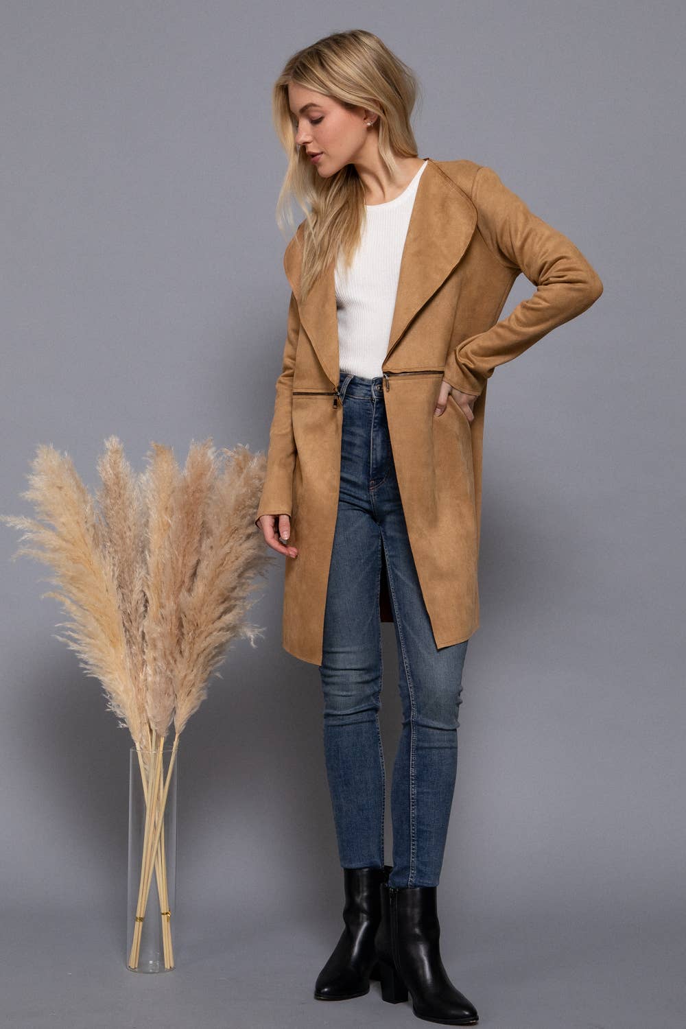 Front Zipper Detail Suede Jacket in Taupe