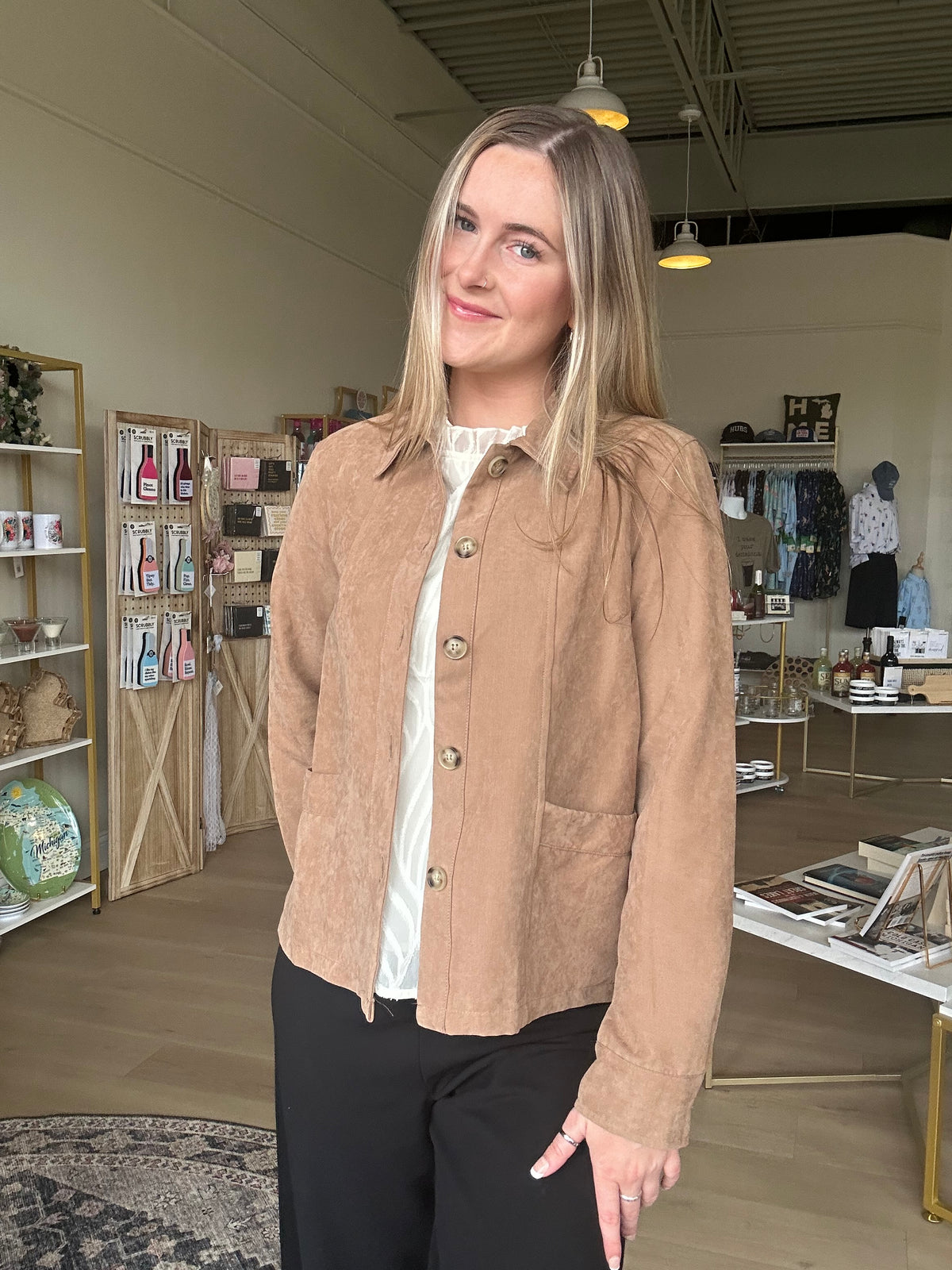 Suede Button Down Shacket in Latte
