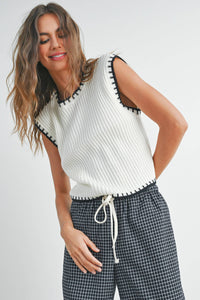 Solid Cap Sleeve Sweater Vest in Ivory and Black