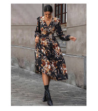 Floral Lace-Up Waist Mid-Length Dress in Black