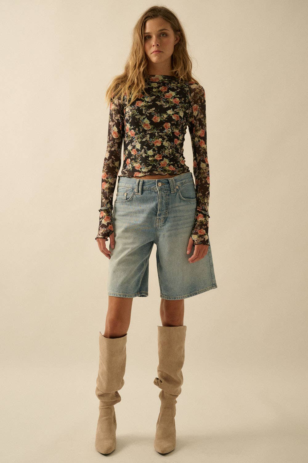 Floral Mesh Mock-Neck Thumbhole Raglan Top in Black