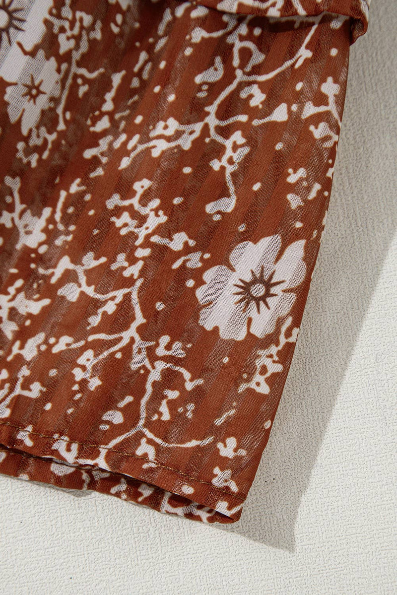 Boho Floral Ruffle V-Neck Mini Dress in Brown