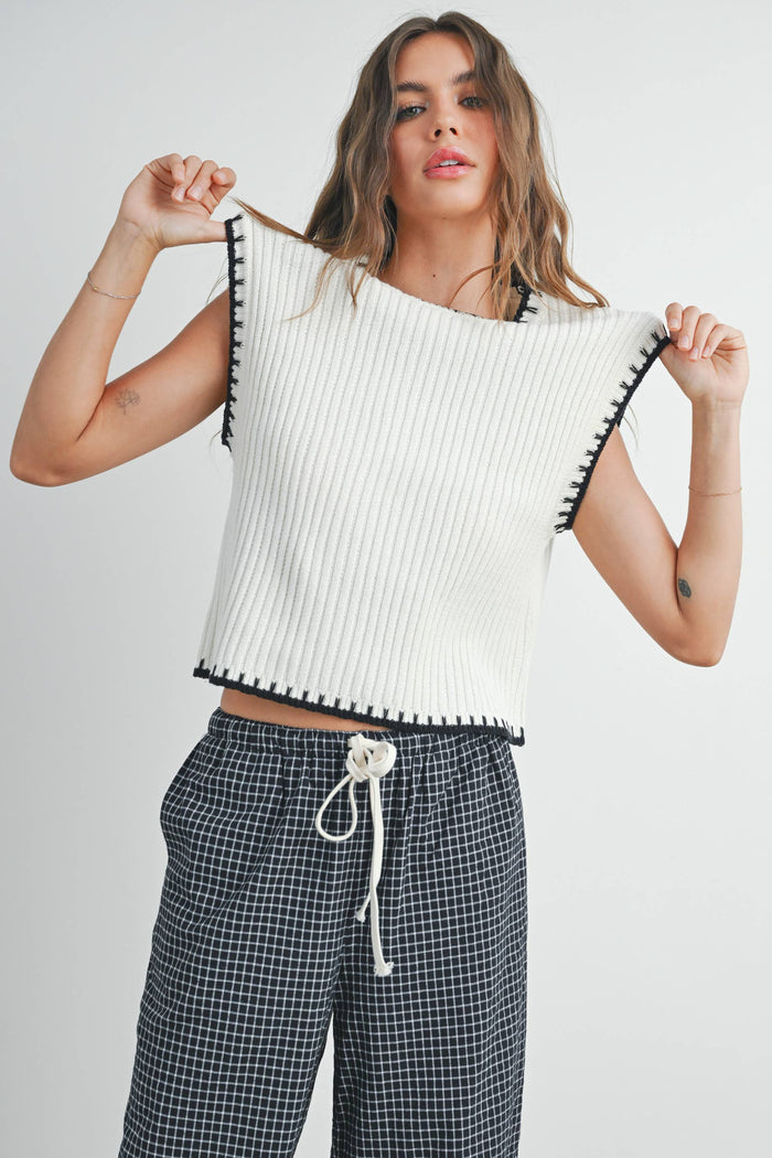 Solid Cap Sleeve Sweater Vest in Ivory and Black