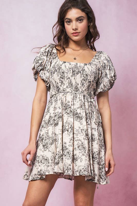 Floral Pleated Mini Dress in Black