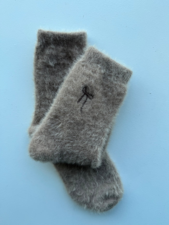 Bow Embroidered Wool Socks in Taupe
