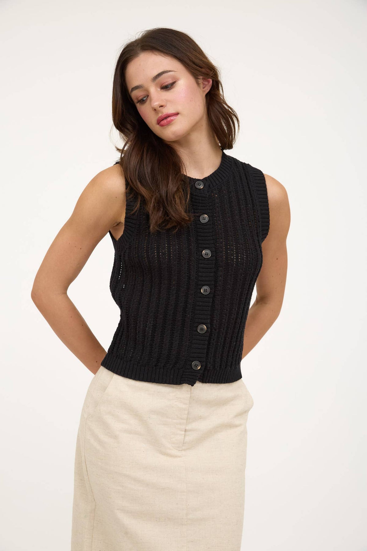 Crew Neck Button Down Sleeveless Knit Cardigan in Black