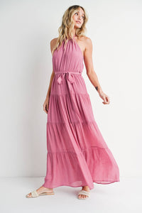 Tiered Halter Tie-Waist Maxi Dress in Rose