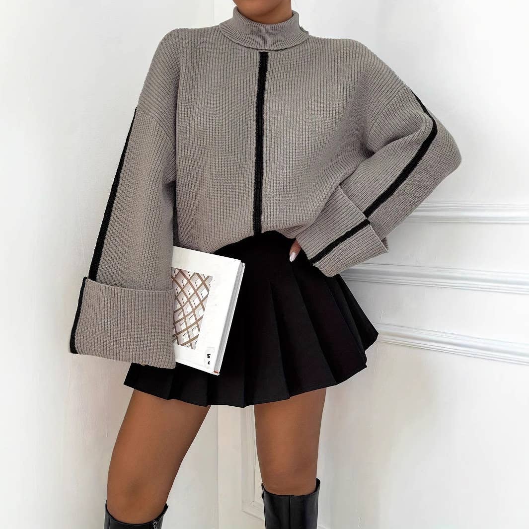 Pile Sleeve Casual High Neck Knit Sweater in GREY