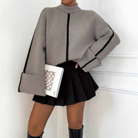 Pile Sleeve Casual High Neck Knit Sweater in GREY