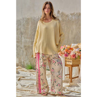 FLOWER PRINTED TWILL SIDE TRIM ELASTIC WAIST PANTS
