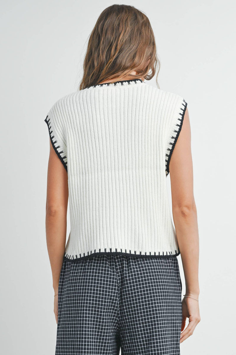 Solid Cap Sleeve Sweater Vest in Ivory and Black